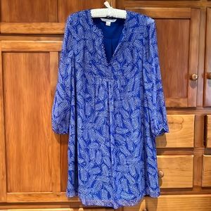 Diane Von Furstenberg Long Sleeve Blue Silk V-Neck Shift Dress Size 4